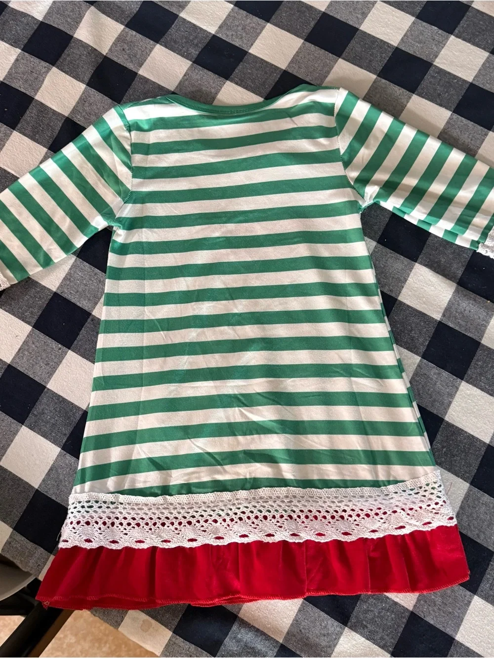Girls' Green & White Striped Santa Dress with Lace Trim